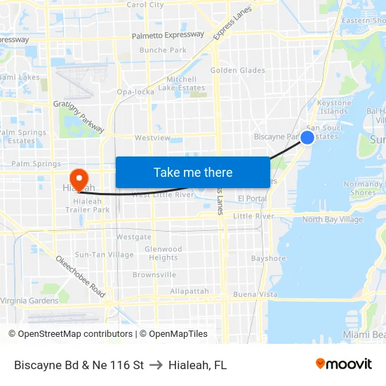 Biscayne Bd & Ne 116 St to Hialeah, FL map