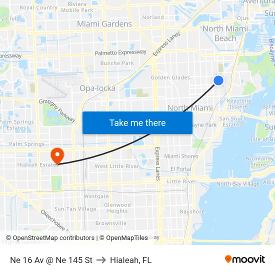 Ne 16 Av @ Ne 145 St to Hialeah, FL map