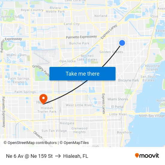 Ne 6 Av @ Ne 159 St to Hialeah, FL map