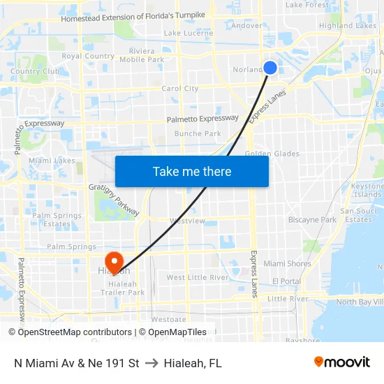 N Miami Av & Ne 191 St to Hialeah, FL map