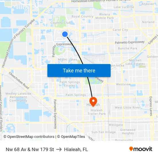 Nw 68 Av & Nw 179 St to Hialeah, FL map