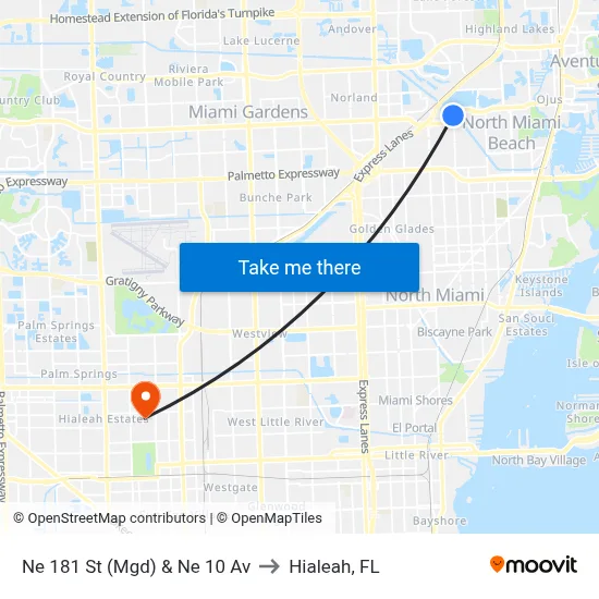Ne 181 St (Mgd) & Ne 10 Av to Hialeah, FL map