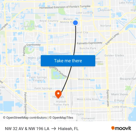 Nw 32 Av & Nw 196 La to Hialeah, FL map