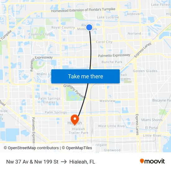 Nw 37 Av & Nw 199 St to Hialeah, FL map