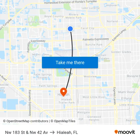 Nw 183 St & Nw 42 Av to Hialeah, FL map