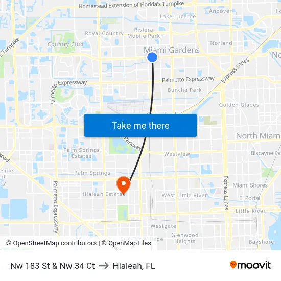 Nw 183 St & Nw 34 Ct to Hialeah, FL map