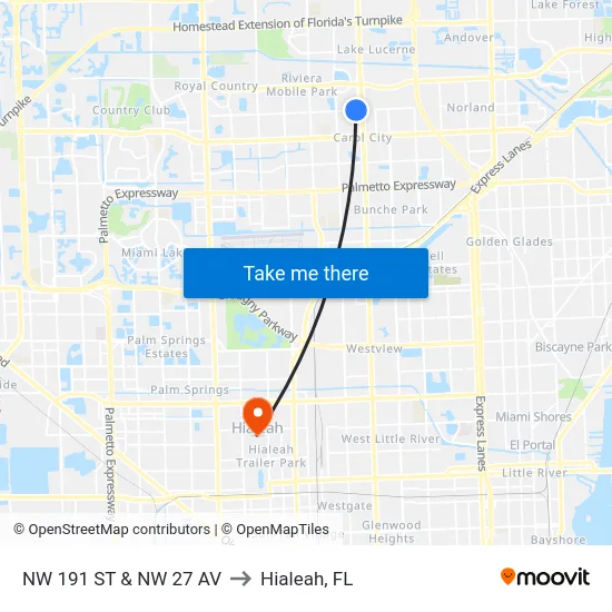 Nw 191 St & Nw 27 Av to Hialeah, FL map