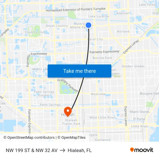 Nw 199 St & Nw 32 Av to Hialeah, FL map