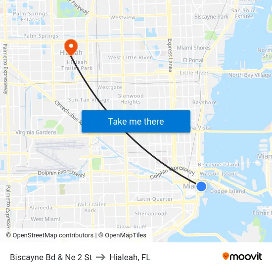 Biscayne Bd & Ne 2 St to Hialeah, FL map