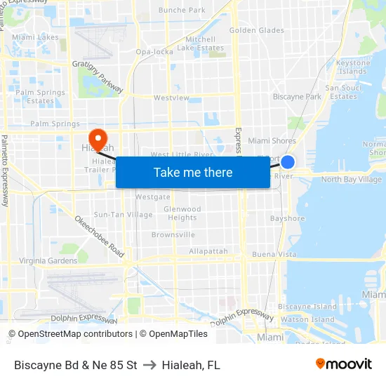 Biscayne Bd & Ne 85 St to Hialeah, FL map