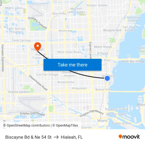 Biscayne Bd & Ne 54 St to Hialeah, FL map