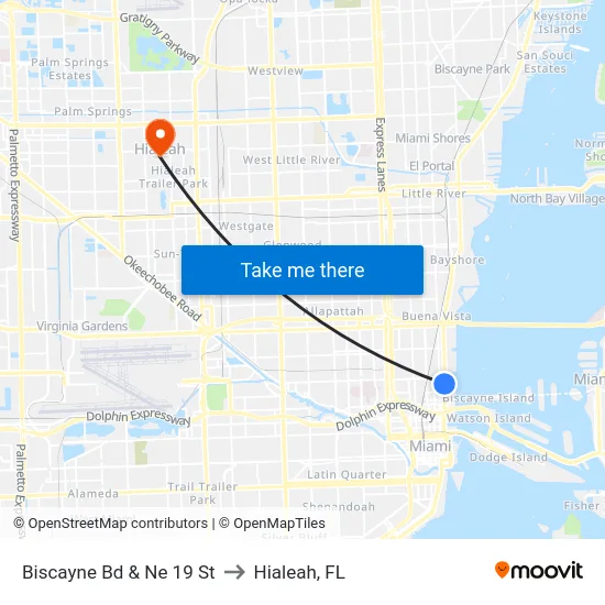 Biscayne Bd & Ne 19 St to Hialeah, FL map