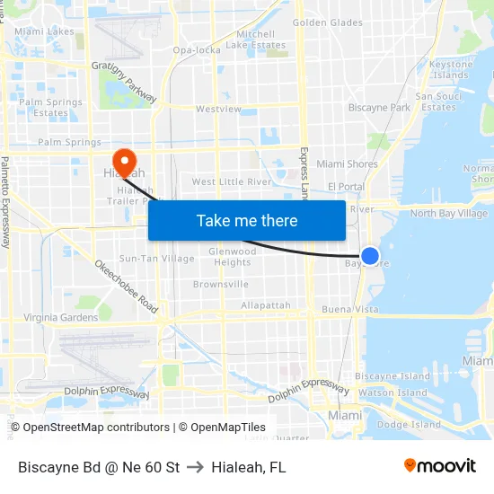 Biscayne Bd @ Ne 60 St to Hialeah, FL map