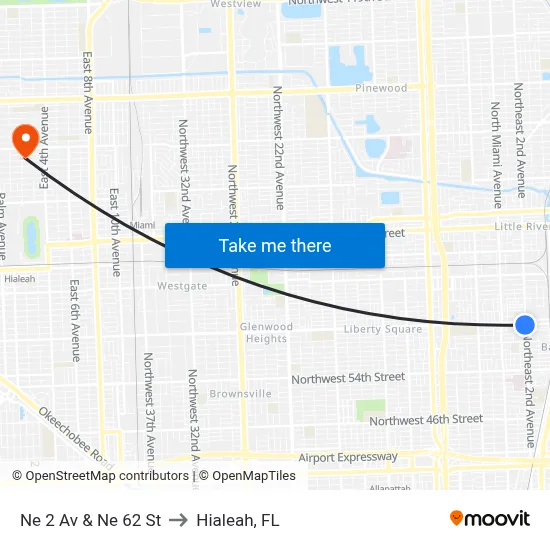 Ne 2 Av & Ne 62 St to Hialeah, FL map