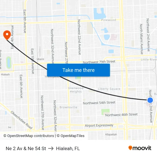 Ne 2 Av & Ne 54 St to Hialeah, FL map