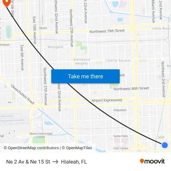 Ne 2 Av & Ne 15 St to Hialeah, FL map