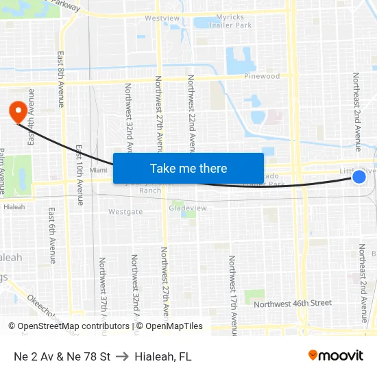 Ne 2 Av & Ne 78 St to Hialeah, FL map