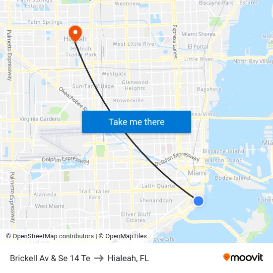 Brickell Av & Se 14 Te to Hialeah, FL map