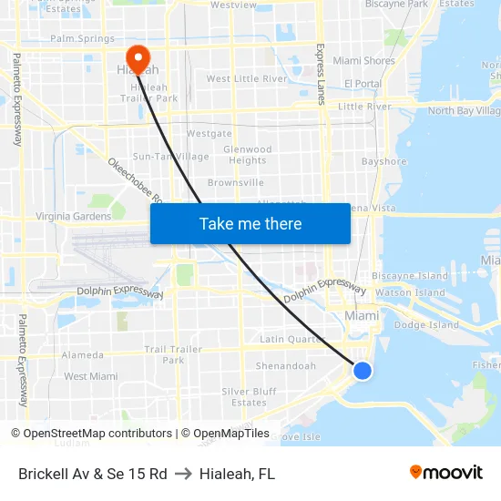 Brickell Av & Se 15 Rd to Hialeah, FL map