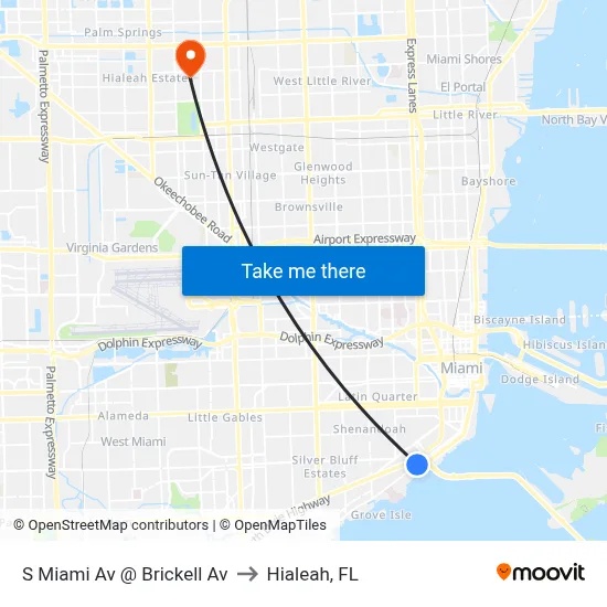 S Miami Av @ Brickell Av to Hialeah, FL map
