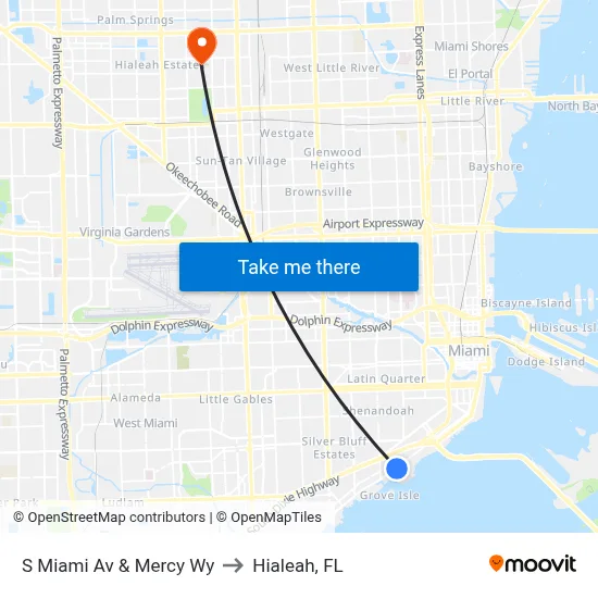 S Miami Av & Mercy Wy to Hialeah, FL map
