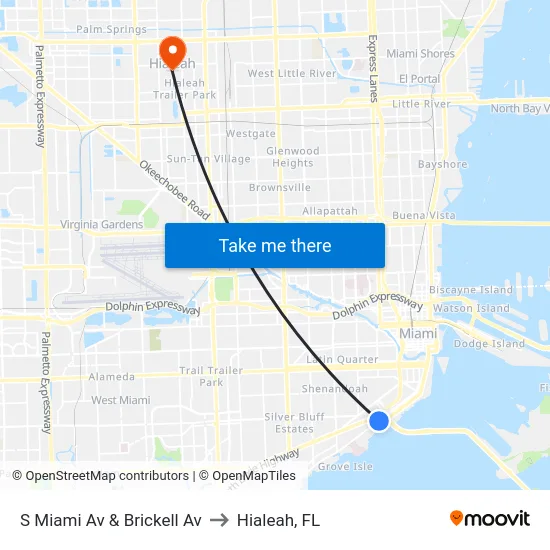 S Miami Av & Brickell Av to Hialeah, FL map