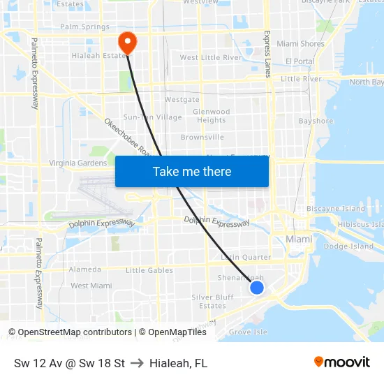 Sw 12 Av @ Sw 18 St to Hialeah, FL map