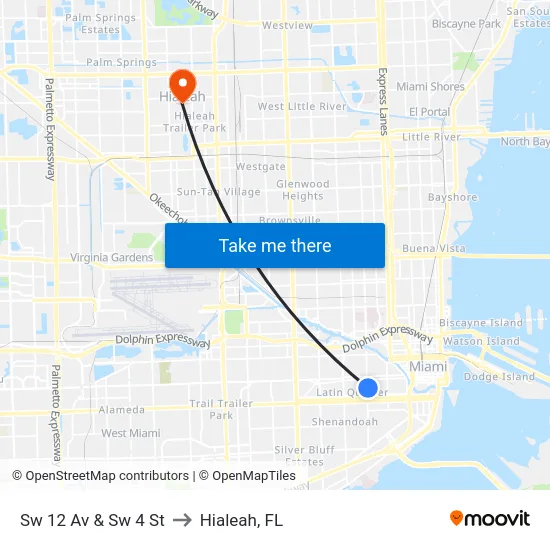 Sw 12 Av & Sw 4 St to Hialeah, FL map