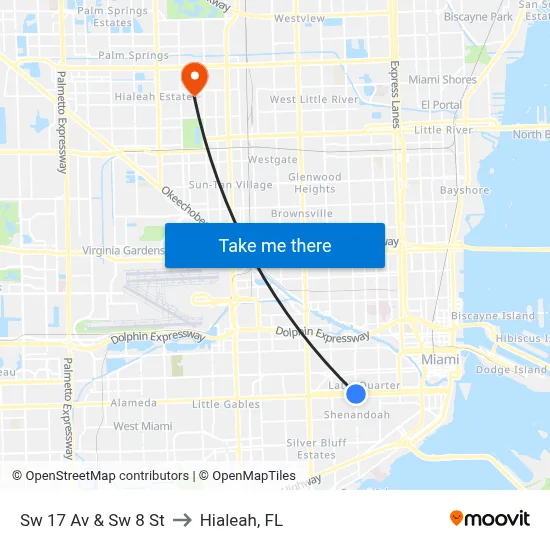 Sw 17 Av & Sw 8 St to Hialeah, FL map