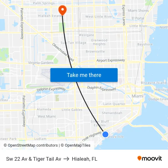 Sw 22 Av & Tiger Tail Av to Hialeah, FL map