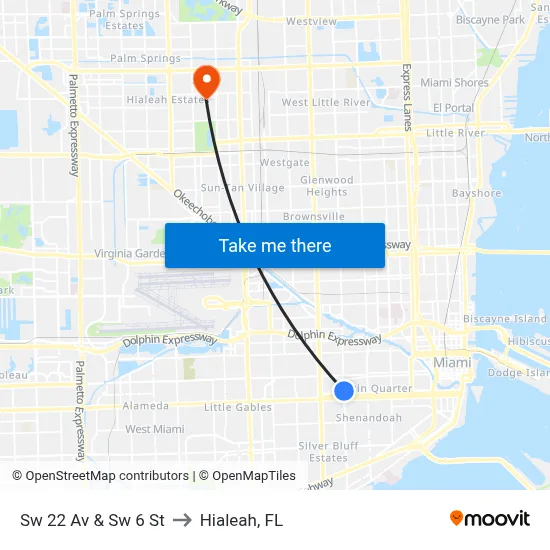 Sw 22 Av & Sw 6 St to Hialeah, FL map