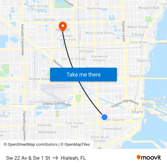 Sw 22 Av & Sw 1 St to Hialeah, FL map