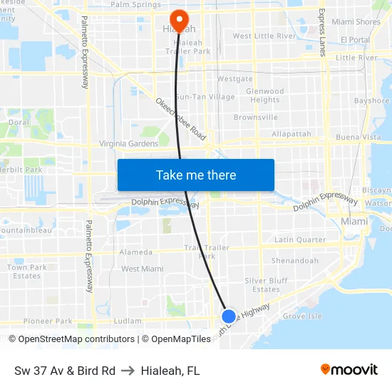 Sw 37 Av & Bird Rd to Hialeah, FL map