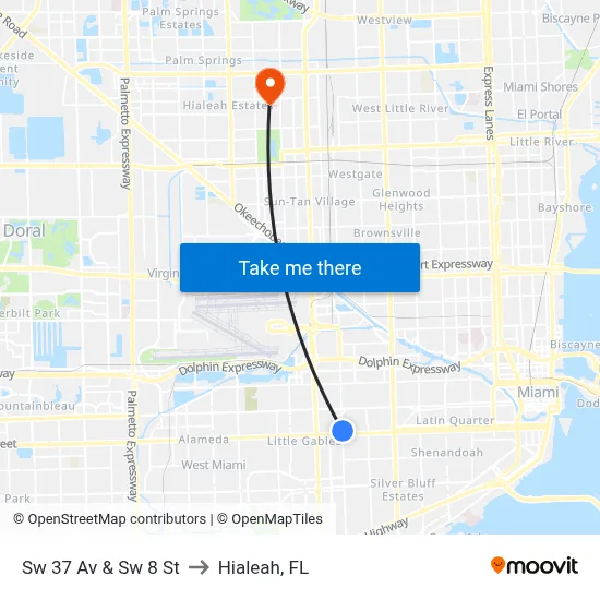 Sw 37 Av & Sw 8 St to Hialeah, FL map