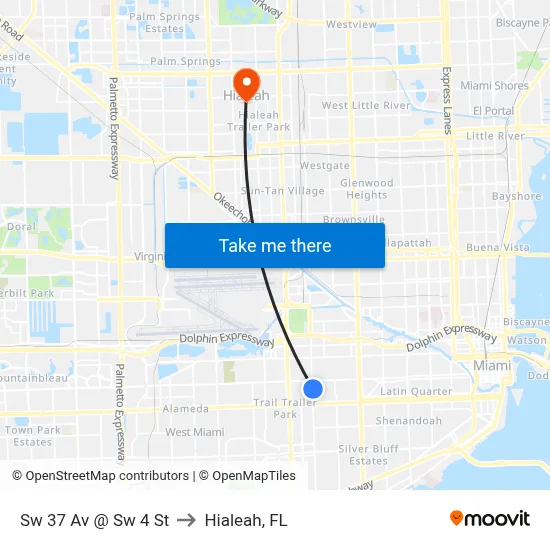 Sw 37 Av @ Sw 4 St to Hialeah, FL map