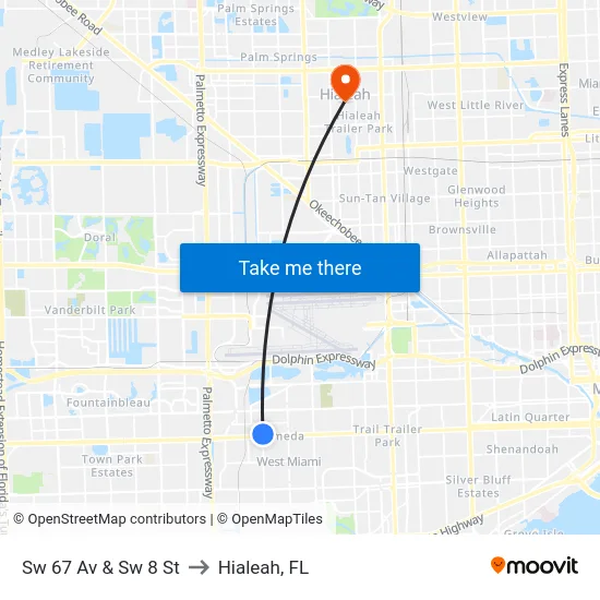 Sw 67 Av & Sw 8 St to Hialeah, FL map