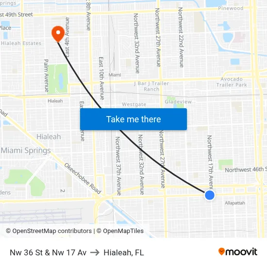 Nw 36 St & Nw 17 Av to Hialeah, FL map