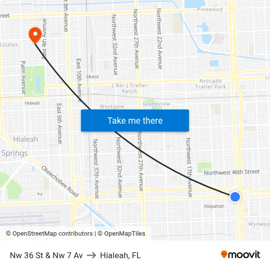 Nw 36 St & Nw 7 Av to Hialeah, FL map