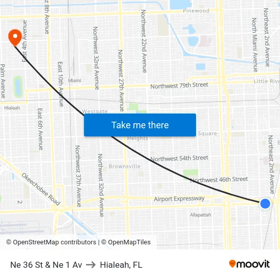 Ne 36 St & Ne 1 Av to Hialeah, FL map
