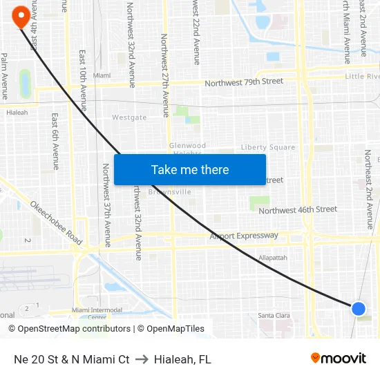 Ne 20 St & N Miami Ct to Hialeah, FL map