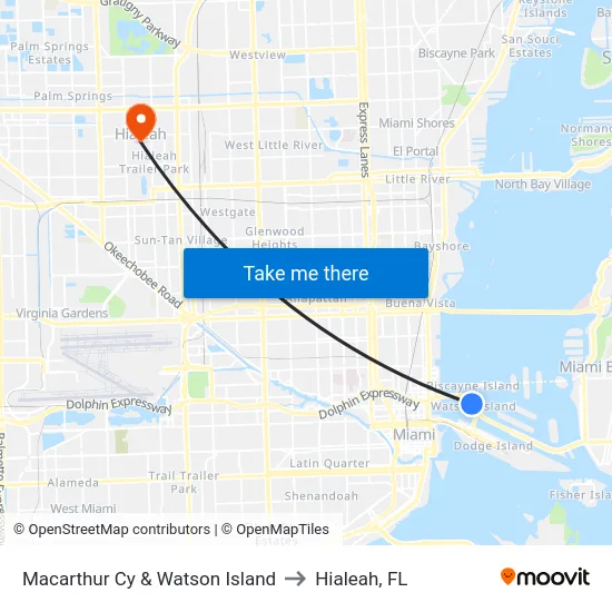 Macarthur Cy & Watson Island to Hialeah, FL map
