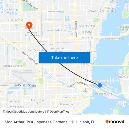 Mac Arthur Cy & Japanese Gardens to Hialeah, FL map