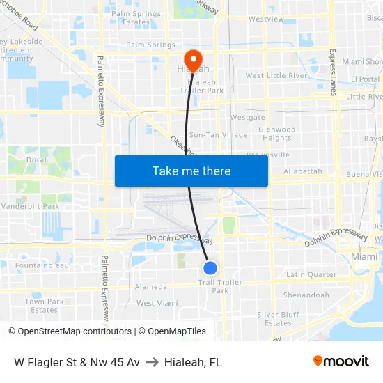 W Flagler St & Nw 45 Av to Hialeah, FL map