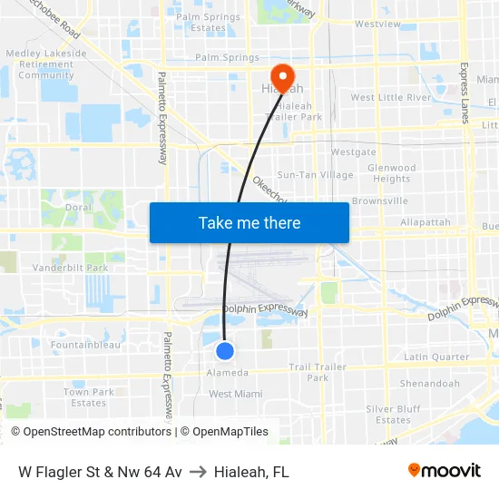 W Flagler St & Nw 64 Av to Hialeah, FL map