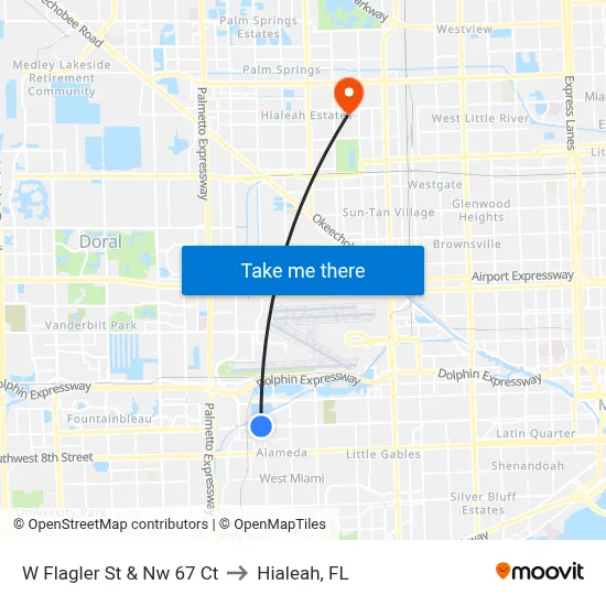 W Flagler St & Nw 67 Ct to Hialeah, FL map