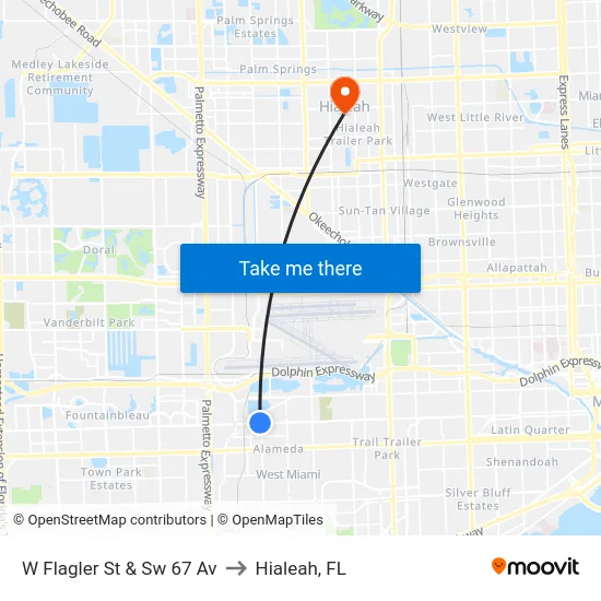W Flagler St & Sw 67 Av to Hialeah, FL map
