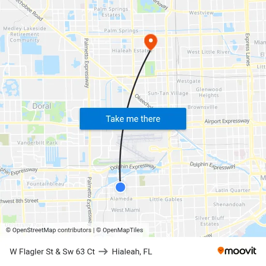 W Flagler St & Sw 63 Ct to Hialeah, FL map