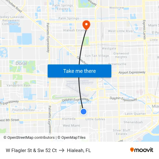 W Flagler St & Sw 52 Ct to Hialeah, FL map