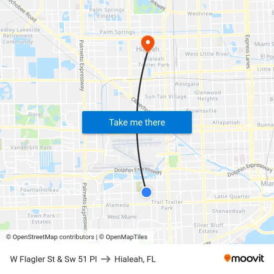 W Flagler St & Sw 51 Pl to Hialeah, FL map
