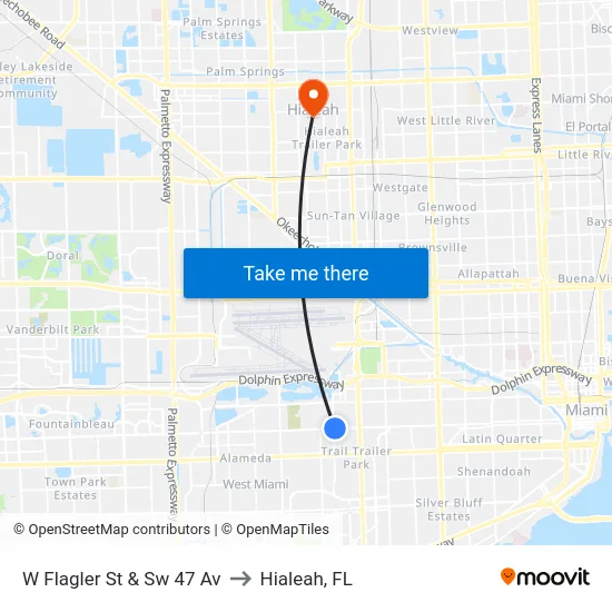W Flagler St & Sw 47 Av to Hialeah, FL map